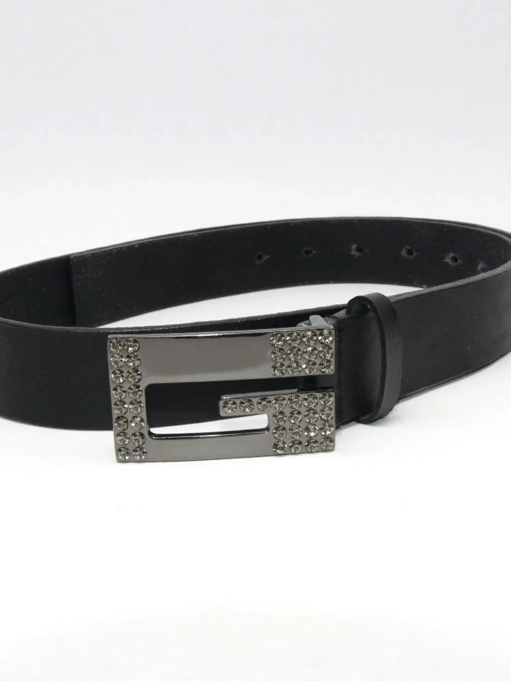 Guess Women's Large Rhinestone Bling G Black Genuine Leather Belt 943210